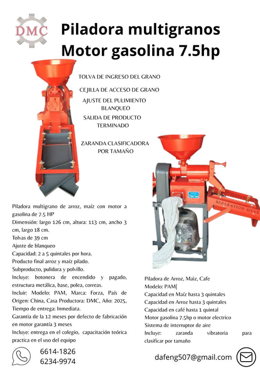 Piladora de Arroz y Maíz con motor gasolina  7.5hp