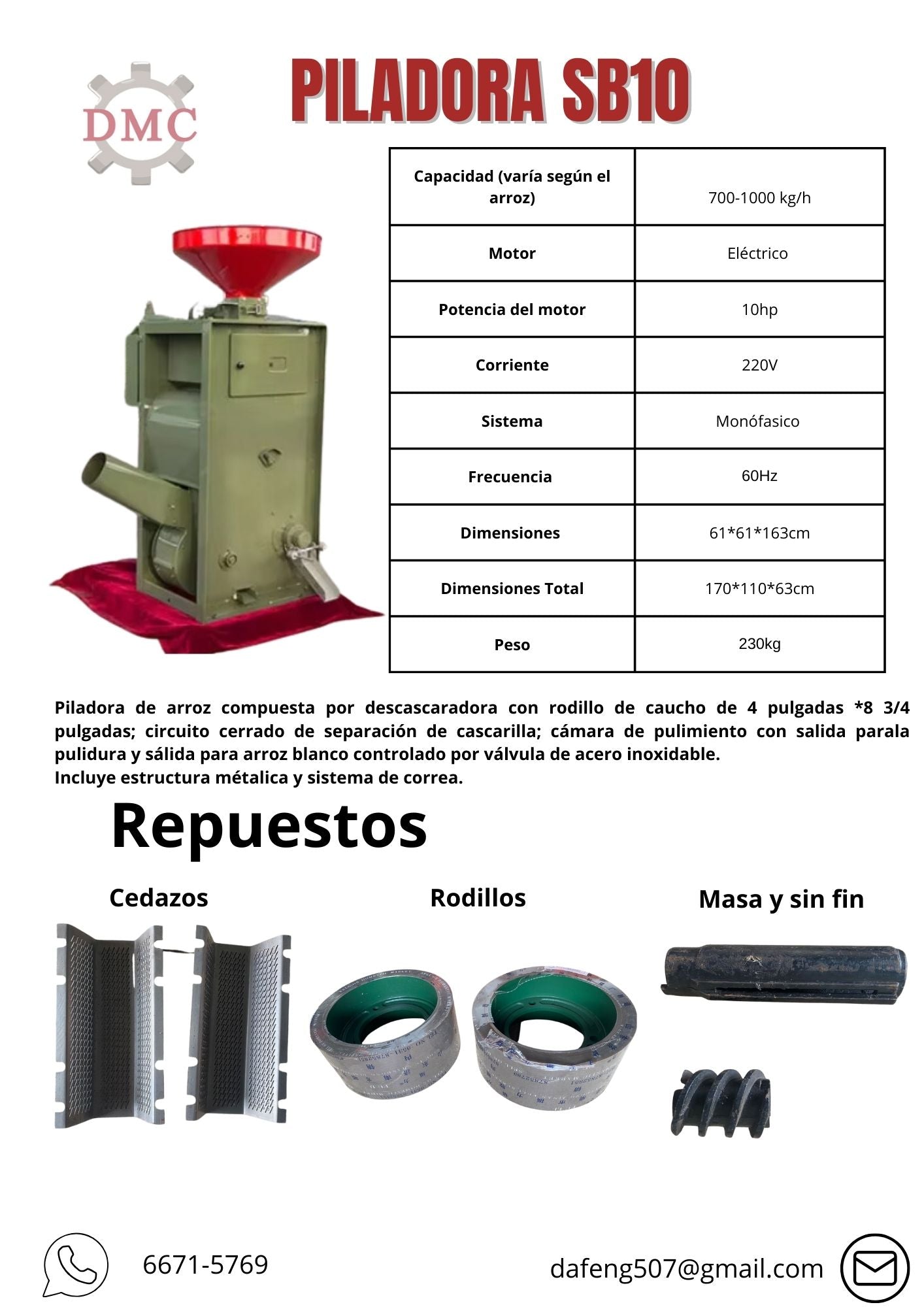Piladora de Arroz modelo SB10 con rodillos de caucho