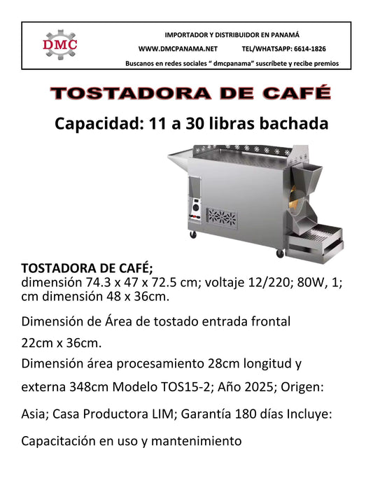 TOSTADORA DE CAFÉ - capacidad 11 a 30 libras - eléctrica, gas, solar 12 Volts