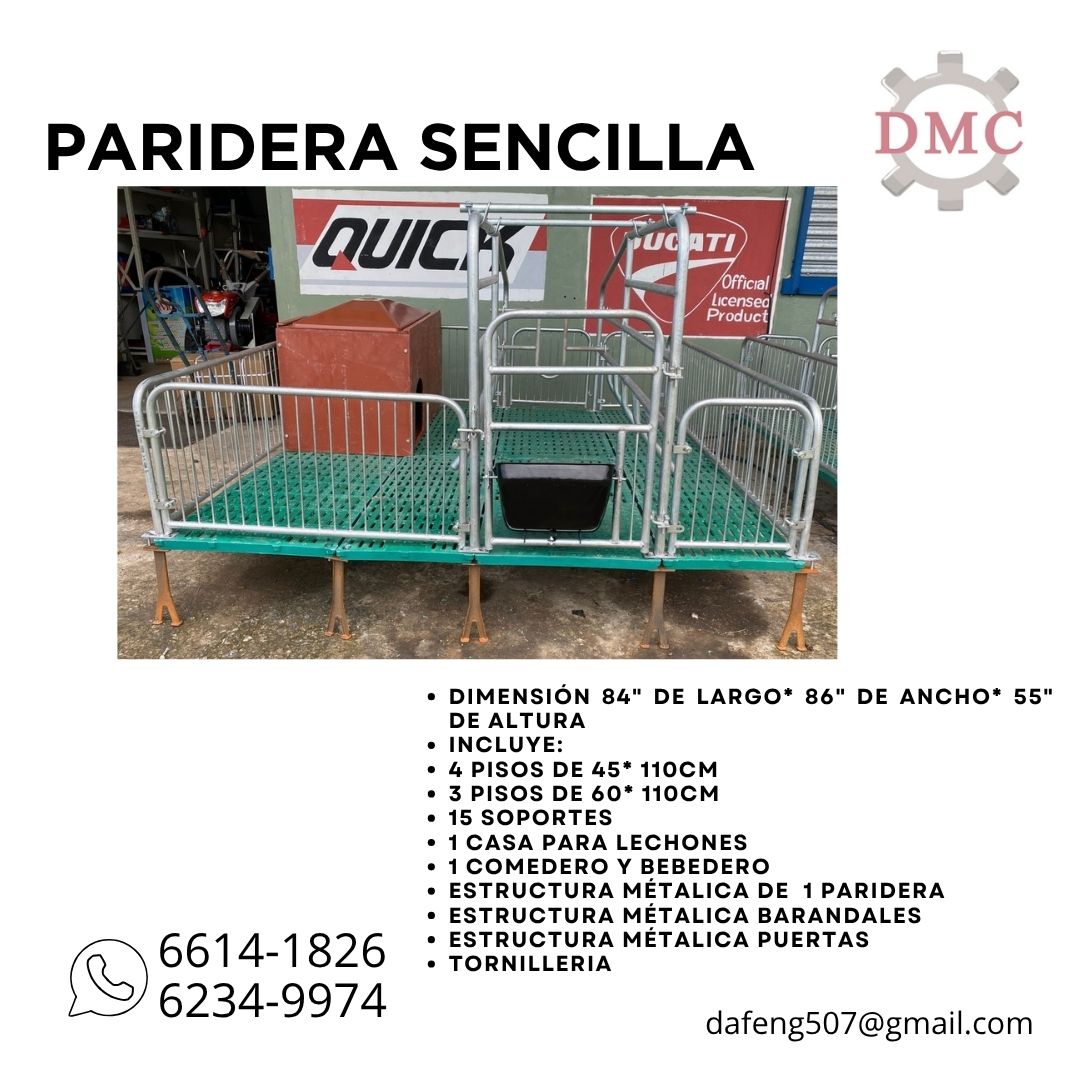 Área de Parideras Sencilla para una cerda con barandales, comedero y bebederos para la madre y lechocnes