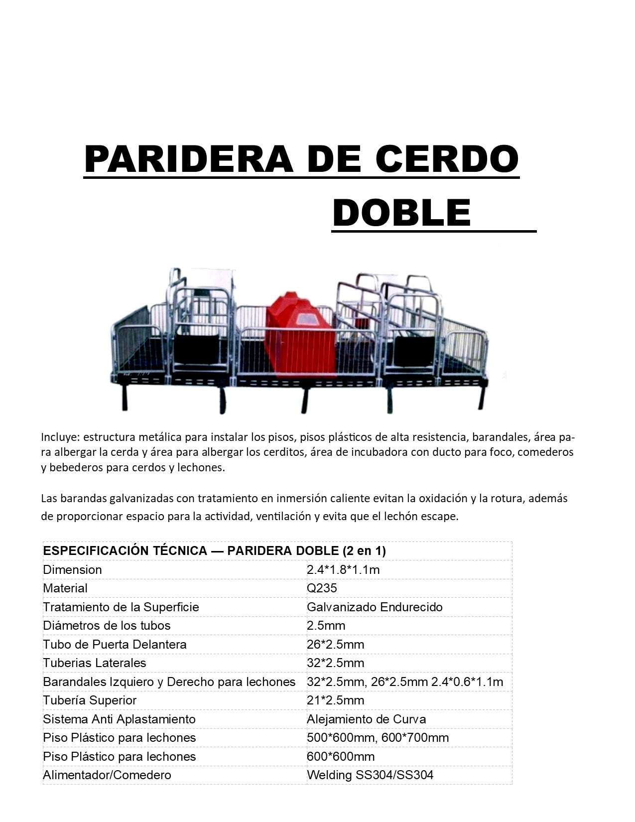 Paridera para Cerdo Doble completa con barandales, pisos, calentador