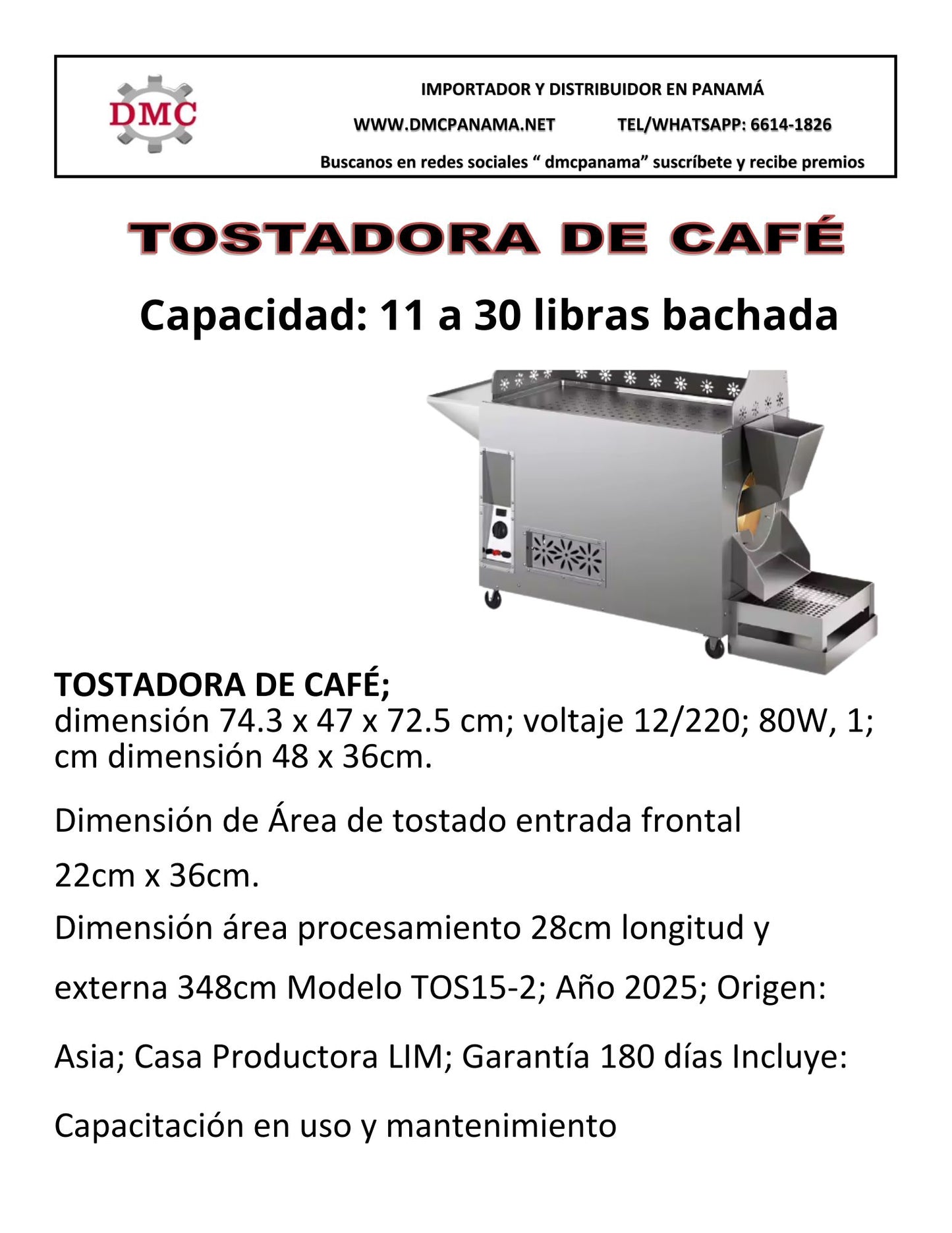 TOSTADORA DE CAFÉ - capacidad 11 a 30 libras - eléctrica, gas, solar 12 Volts