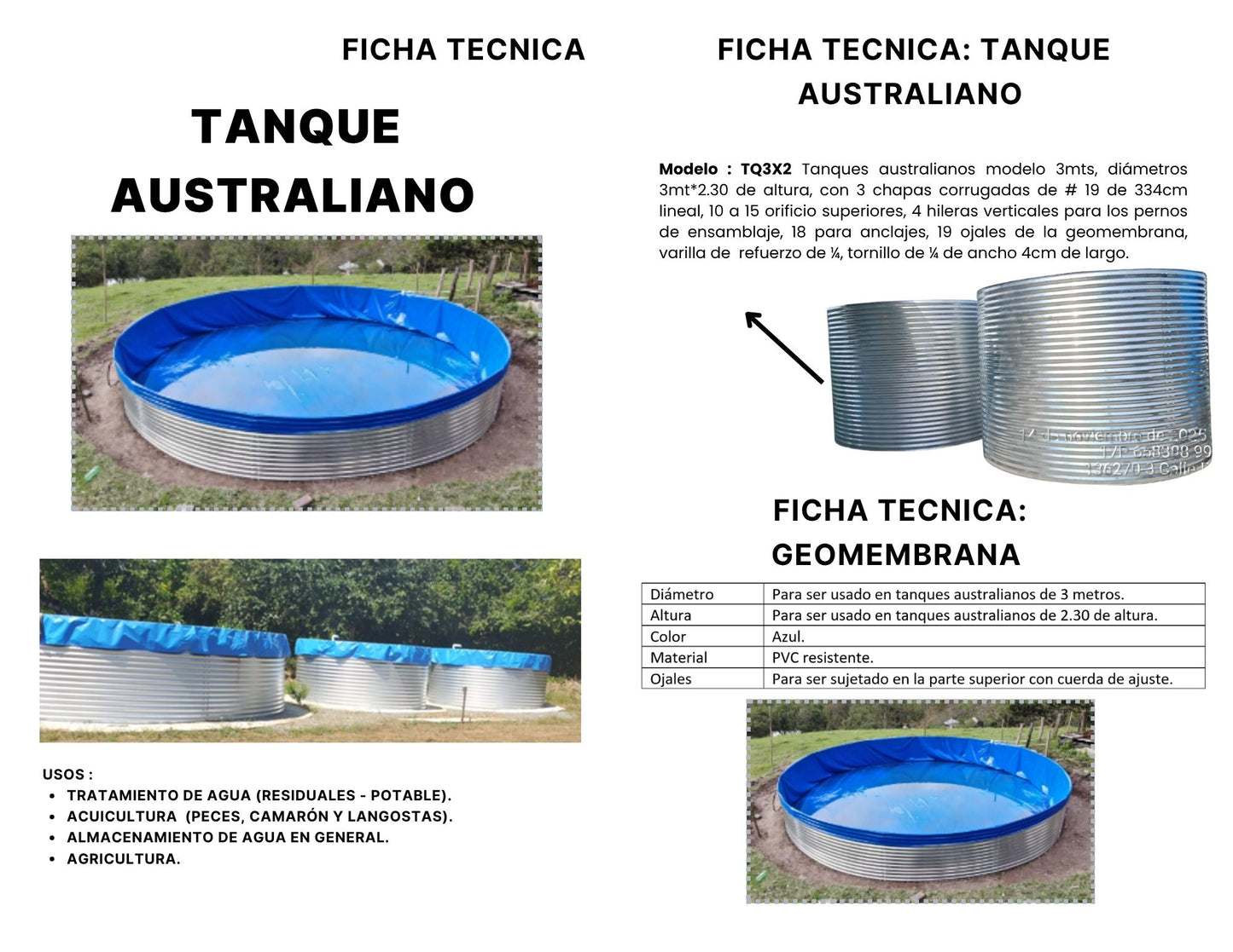 Tanque Australiano con Geomembrana – Diámetro 3m x Altura 2.20m