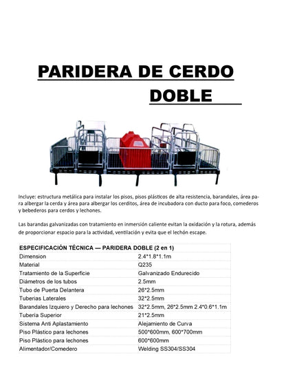 Paridera para Cerdo Doble completa con barandales, pisos, calentador