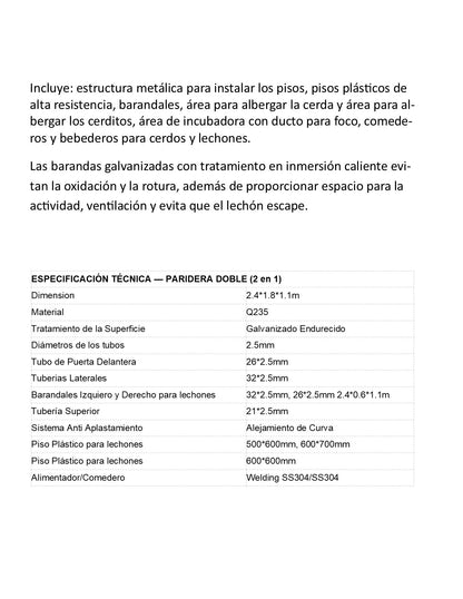 Paridera para Cerdo Doble completa con barandales, pisos, calentador